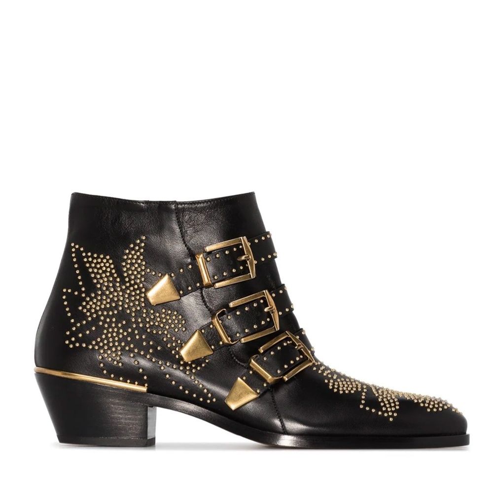 Chlo Susanna 30mm Studded Ankle Buckle Zipper Leather Boots Black Gold 38.5